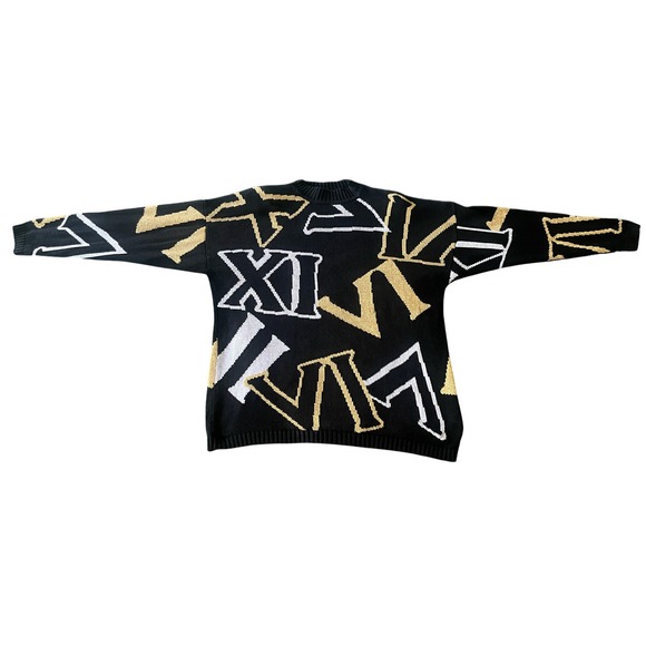 Chaus Sport Sweaters - Chaus Sport Vintage 80s Roman Numeral Knit Sweater Black Gold White Oversized XL